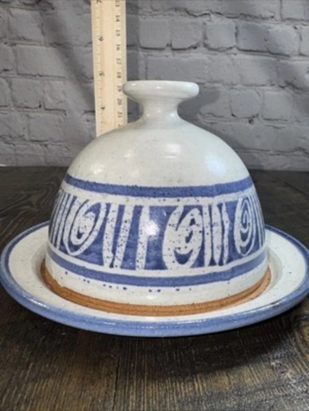 Butter Cheese Dish Pottery Glazed‎ Stoneware Blue Gray with Dome Lid Cover